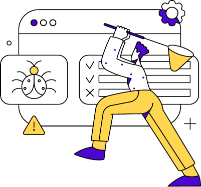 Illustration: a designer catching bugs in an old interface with a net