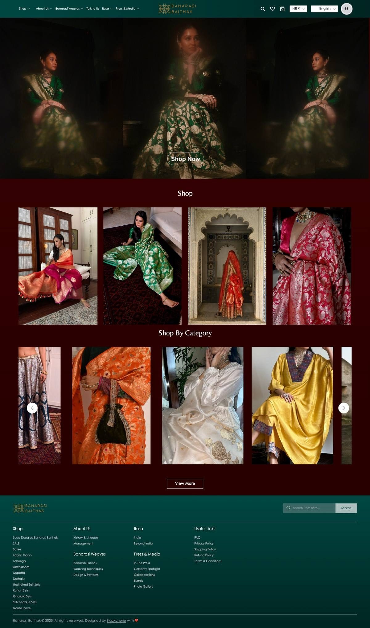 Banarasi Baithak homepage, from the dark editorial hero through its category imagery to the footer (some sections trimmed)