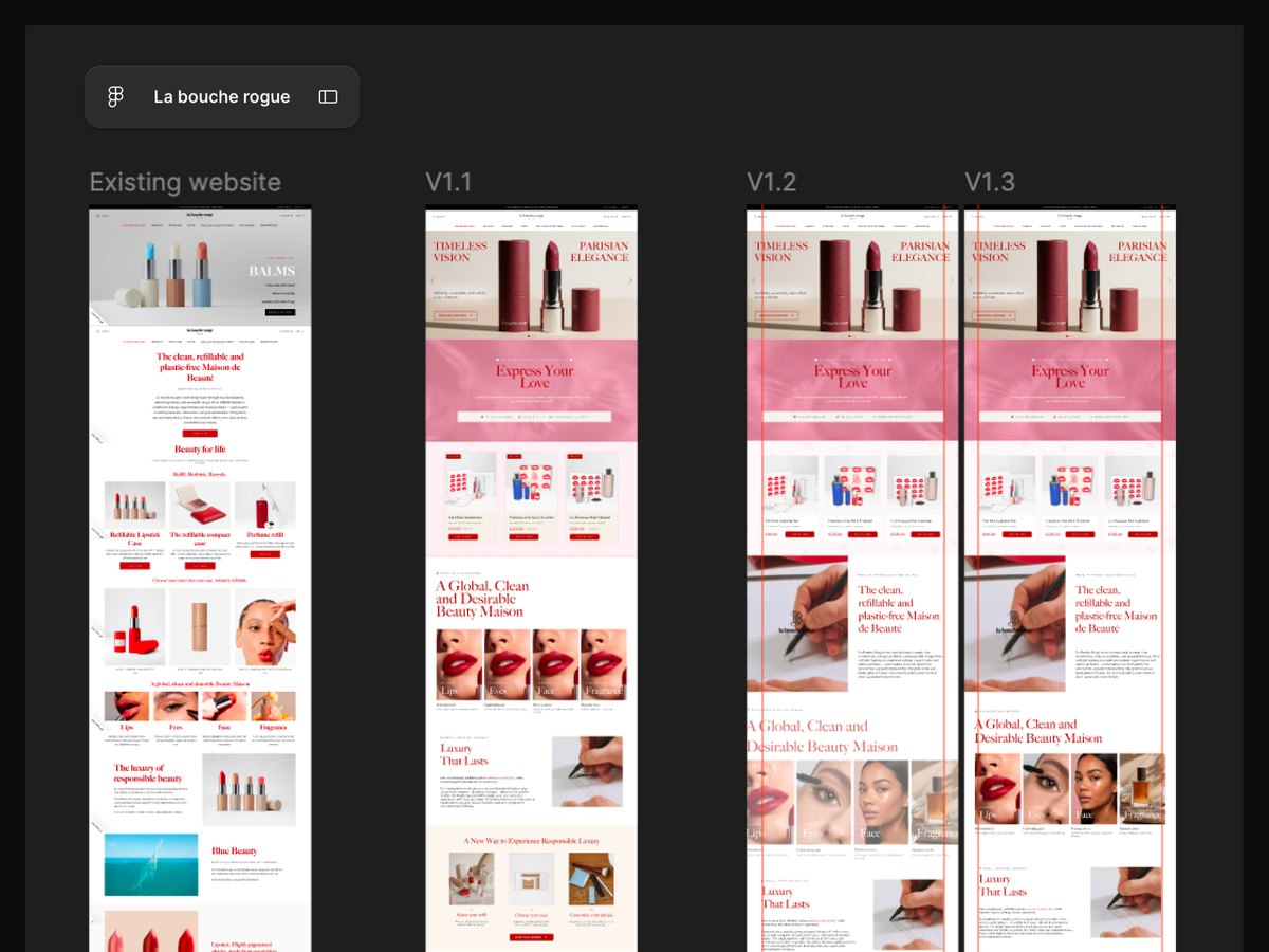 Anju’s landing page redesign for a French beauty brand: the existing website beside three design iterations