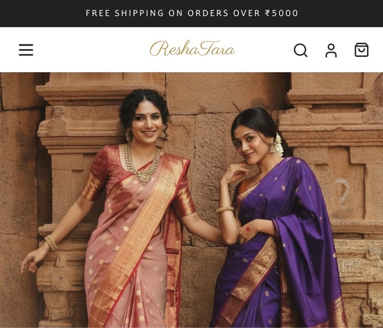 ReshaTara header and hero: two women in Banarasi silk sarees